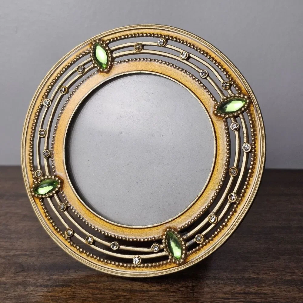 Vintage Ashleigh Manor Round Gold Tone Enamel & Rhinestone Picture Frame